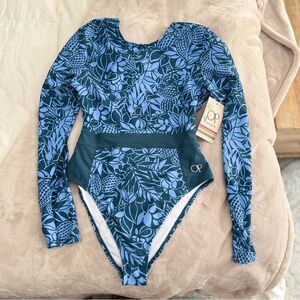 OP Women’s Swim Long Sleeve One-Piece with open ladder back -Blue Floral-NWT- M